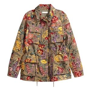 H & M olive green red yellow floral military coat